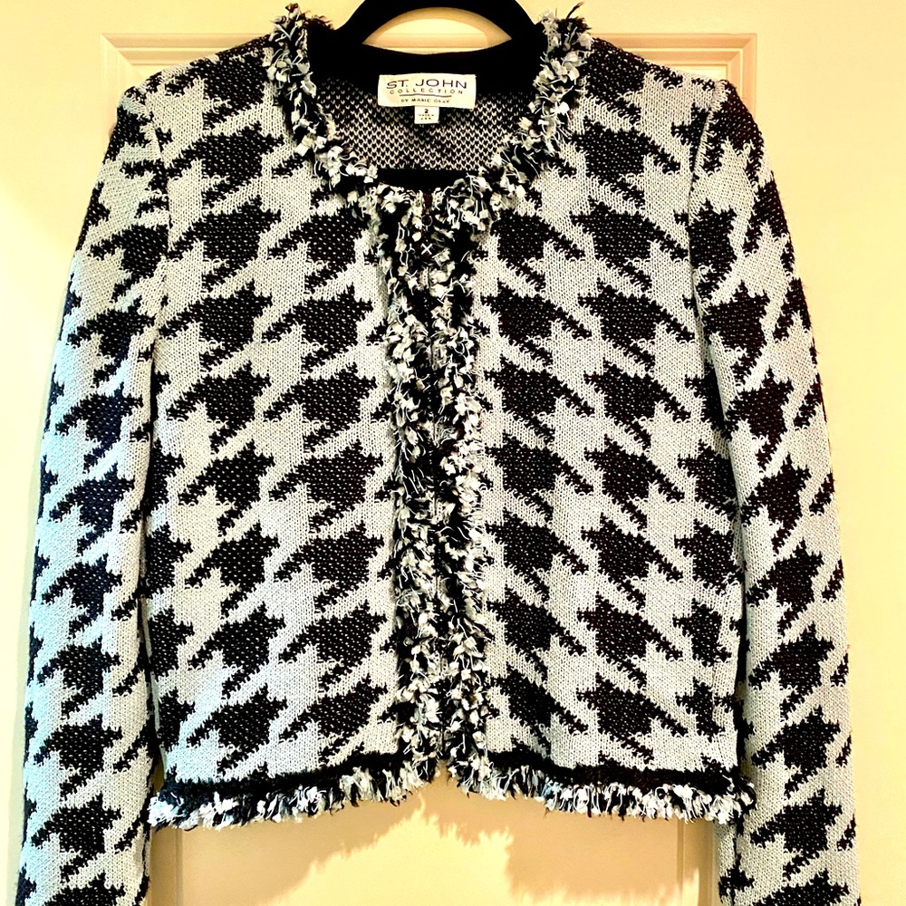 St John Collection by Marie Gray gorgeous fringe jacket. Black & baby blue.